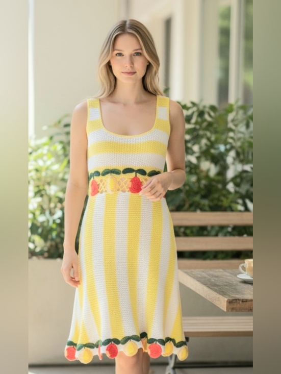 STAUD Dresses & Skirts - STAUD Yellow and White Striped Crochet Midi Dress with Fruit Trim